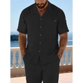 Heren set van zwart linnen shirt met korte mouwen en broek met borstzak voor het strand - S / Zwart