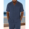 Donkerblauw linnen set voor heren met shirt met korte mouwen en lange broek - S / Marineblauw