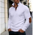 Detail of men's white knit sweater showing brown elbow patches and ribbed cuffs - White
