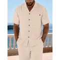 Casual beige linnen set voor heren met overhemd met korte mouwen en broek voor strand - S / Khaki