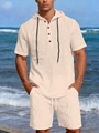 Détail d'un ensemble short et sweat à capuche en lin pour homme en tissu texturé beige - M / Kaki