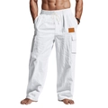 Men's breathable white linen blend cargo pants with drawstring waist and pockets - S / White