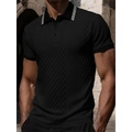 Men's black knitted polo shirt featuring intricate texture and Greek key collar detail - S / Black