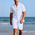 Ensemble deux pièces en lin blanc pour homme avec chemise à manches courtes et short de plage - S / Blanc