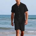 Ensemble d'été en lin noir pour homme avec chemise à manches courtes et short de plage - S / Noir