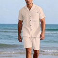 Ensemble décontracté deux pièces en lin pour hommes avec chemise col cubain et short - S / Kaki