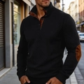 Men's black standing collar knit jacket with brown suede elbow patches and quilted texture - S / Black