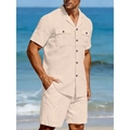 Ensemble d'été homme en lin avec chemise manches courtes abricot et short à la plage - S / Kaki
