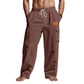 Men's casual linen pants in dark brown with drawstring waist and cargo side pockets - S / Coffee