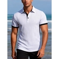 White textured men's short sleeve polo shirt with black contrast collar and cuffs - S / White