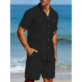 Ensemble d'été noir en lin pour hommes avec chemise à manches courtes et poches - S / Noir