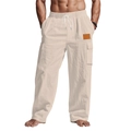 Pantalon cargo décontracté pour homme en lin et coton avec cordon de serrage beige - Khaki