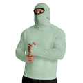Detail of light green sun protection jacket featuring a hooded face mask and thumb hole cuffs - Green