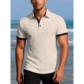 Men's cream knit Polo shirt with black contrast trim and vertical textured fabric - S / Khaki