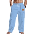 Men's breathable sky blue cotton linen pants with drawstring waist and cargo pockets - S / Light Blue