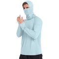 Detail view of men's sun protection jacket with integrated face mask and thumb holes - Light Blue