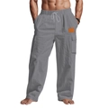 Pantalon cargo décontracté en lin gris pour homme avec cordon de serrage et poches latérales - Gris foncé