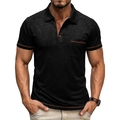 Men's black short sleeve polo shirt with brown accents and chest pocket details - Black