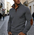 Detailed view of men's gray knit cardigan featuring brown suede elbow patches and high collar - S / Dark Gray