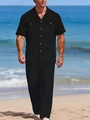 Detalle de camisa de lino negra con cuello cubano y dos bolsillos con solapa frontales - S / Top Y Pantalón / Negro