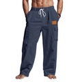 Détail du pantalon en coton et lin avec taille élastique et cordons de serrage blancs - Bleu marine
