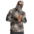 Detail of camouflaged sun protection hoodie featuring built-in face mask and thumb holes - M / Grey & Black Digital Camouflage (ZT329-7)