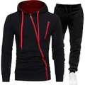Ensemble de survêtement homme noir avec capuche, fermeture éclair rouge et pantalon sport - Noir Avec Fermeture Éclair Rouge