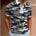 Detail of grey camo polo shirt showing white collar and functional zipper neckline - S / Tops / Grey and White Camouflage