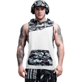 Detail of men's slim fit hooded sports vest featuring a camouflage pocket and white knit fabric - White