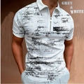 Detail of men's polo with grey and white 3D print and zipper collar on breathable fabric - S / Tops / White and Grey Ink