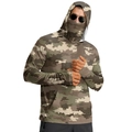Detail view of men's camo sun shirt with integrated face mask and thumbhole sleeves - M / Classic Woodland Camouflage (ZT329-11)