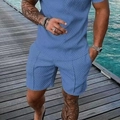 Completo estivo da uomo azzurro con trama a maglia 3D geometrica e pantaloncini - L / Light Blue (ZK87-31)