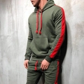 Men's olive green hooded tracksuit set with red side stripes and kangaroo pocket - Army Green