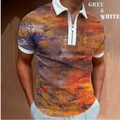 Detail of men's polo shirt featuring abstract oil painting print and silver zipper closure - S / Tops / Abstract Oil Painting
