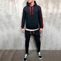 Men's black hooded tracksuit with red side stripes and drawstrings for urban sport style - Black