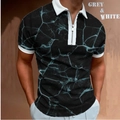 Men's slim fit polo shirt with 3D marble print and silver zipper in black and cyan - S / Tops / Teal Marble