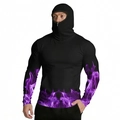 Detail view of hood with mask and purple flame pattern on black sun protection jacket - Zt330-17 / 3XL