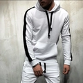 Men's casual white hooded tracksuit set with black side stripes and drawstring pockets - White