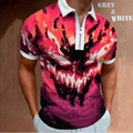 Close-up of the red and black abstract flame print on the men's zipper polo shirt fabric - S / Tops / Purple and Red Flame