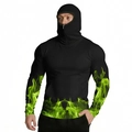 Detail of men's black ice silk sun protection hoodie with green flame patterns - Zt330-18 / 3XL