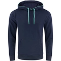Men's navy blue hoodie with mint green drawstring contrast and kangaroo pocket - M / Navy Blue