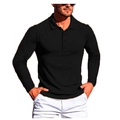 Men's slim fit black ribbed knit long sleeve Polo shirt with three-button collar design - S / Tops / Black