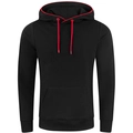 Black hooded sweatshirt with vibrant red drawstrings and kangaroo pocket on white background - M / Black