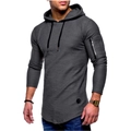 Detailed close-up of dark grey hooded sweatshirt fabric and sleeve zipper pocket - Gray