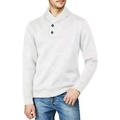 Detail view of the shawl collar and dark buttons on this white men's pullover sweater - White