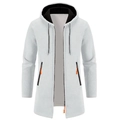 Detail of white hooded cardigan with black contrast hood lining and orange zipper pulls - White