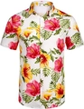 Close-up of tropical floral print on a men's loose short-sleeve Hawaiian beach shirt - S / Pink Hibiscus Flower Pattern (ZT165-1)