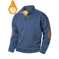 Men's blue-grey marl pattern sweatshirt with button collar and elbow patches - M / Navy Blue