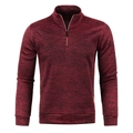 Detail of burgundy textured quarter-zip sweater with ribbed cuffs and leather label - S / Tops / Heather Wine Red