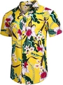 Close-up of Hawaiian floral shirt with hibiscus flowers, palm leaves, and gold chain print - Top Zt165-5 / M